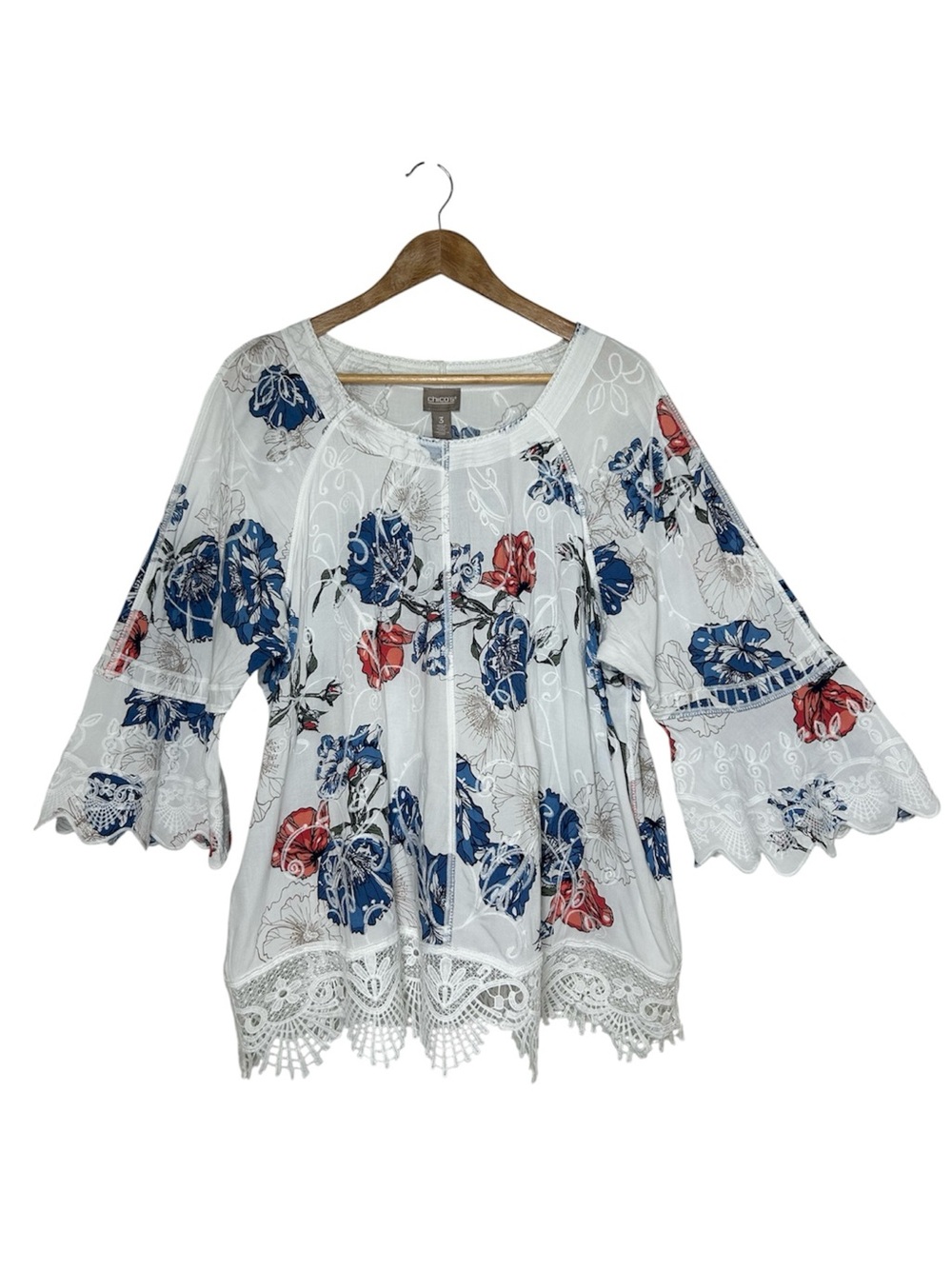 Chico’s White Blue Red Floral Lace Trim Peasant Lightweight Blouse 3/XL/16